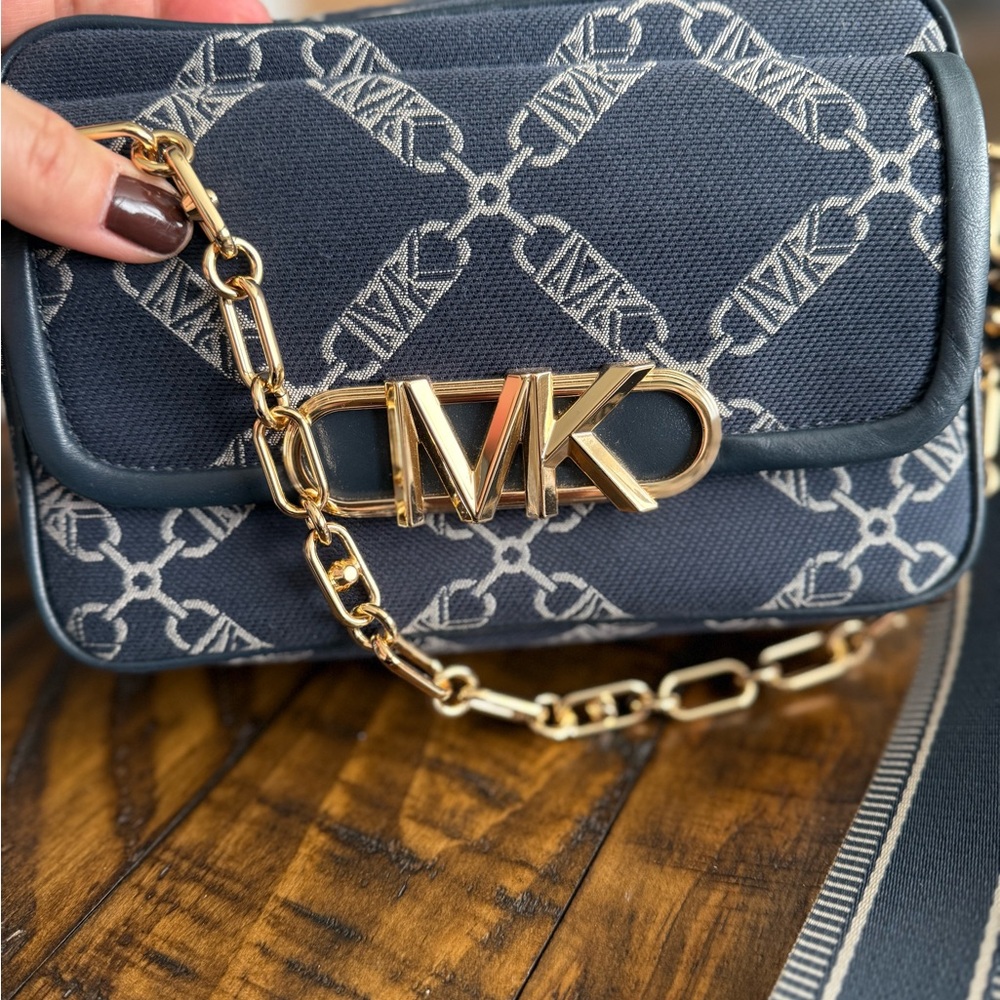 Michael Kors Dark Blue Crossbody Bag with Gold Accents
